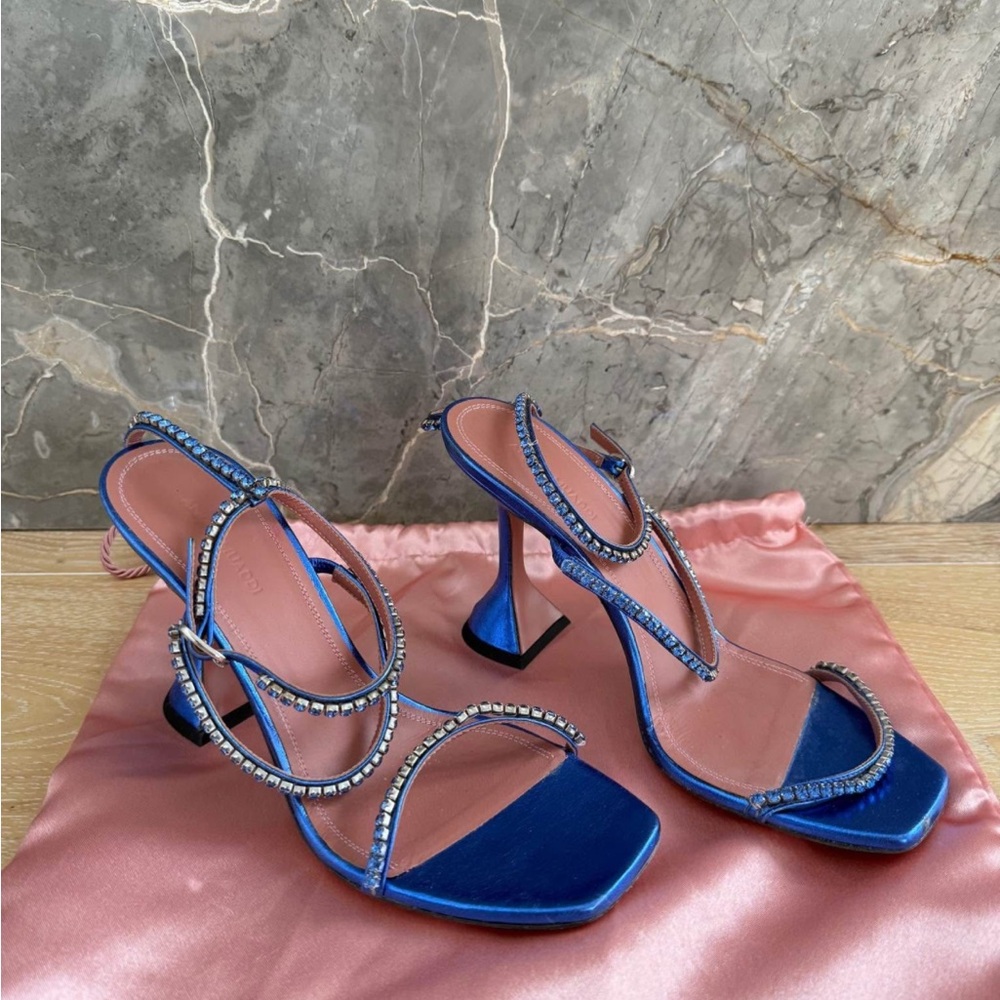 Amina Muaddi Blue Strappy Heels